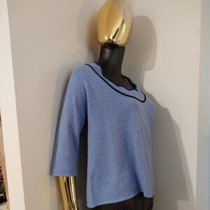 Cashmere BLUE 100% Soft and Cozy Blue With Navy Trim 3/4 Sleeve Small